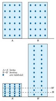 A� B� Hozte eta berotze prozesuekin presio atmosferikoan gertatzen diren aldaketak.<br><br>Aire zutabe bat hoztean (A?A�) dentsoagoa bilakatzen da, eta kontrakoa gertatzen da berotze prozesuetan (B?B�). Arrazoi bera dela eta, aire hotzean altueraren araberako presio aldaketa aire beroan baino nabarmenagoa da (ikus H eta H�-ren arteko presio desberdintasuna A�-n eta B�-n).<br><br>Azkenik, atmosferako goiko geruzetan presioa handiagoa da aire beroko eremuetan (H� B�-n) aire hotzekoetan baino (H� A�-n).<br><br>
